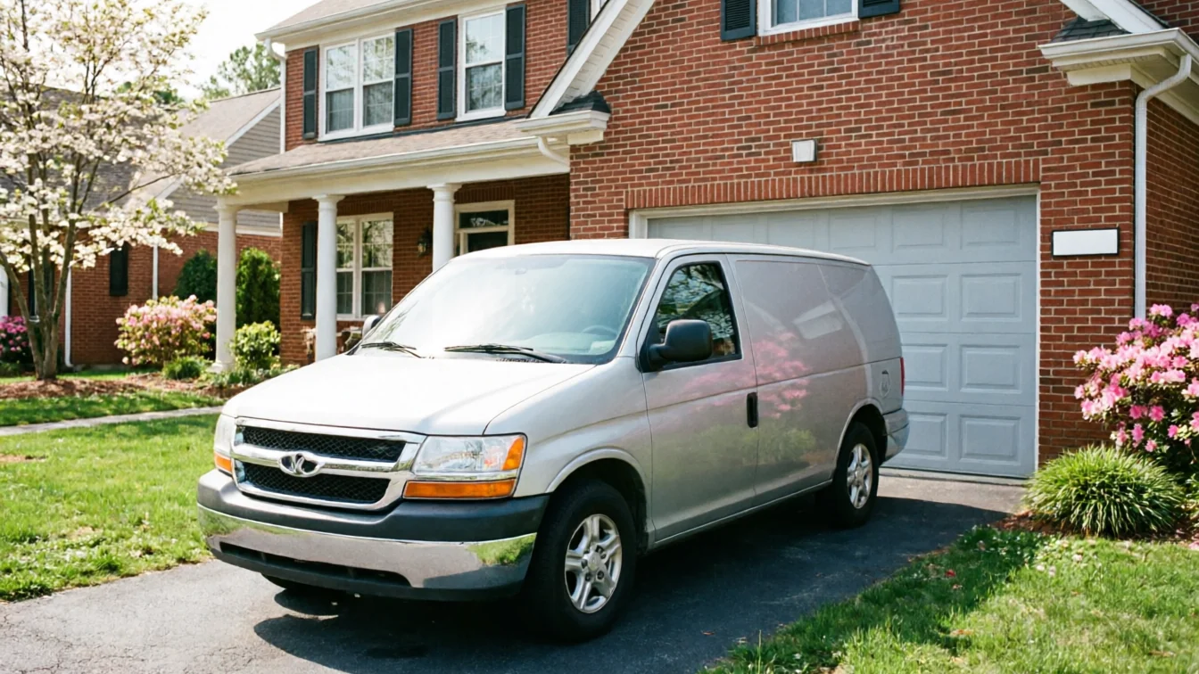 A silver service van is parked in a driveway in front of a brick house.