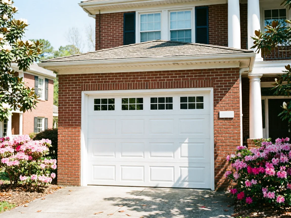 A white garage door with windows is on a brick house with pink bushes.