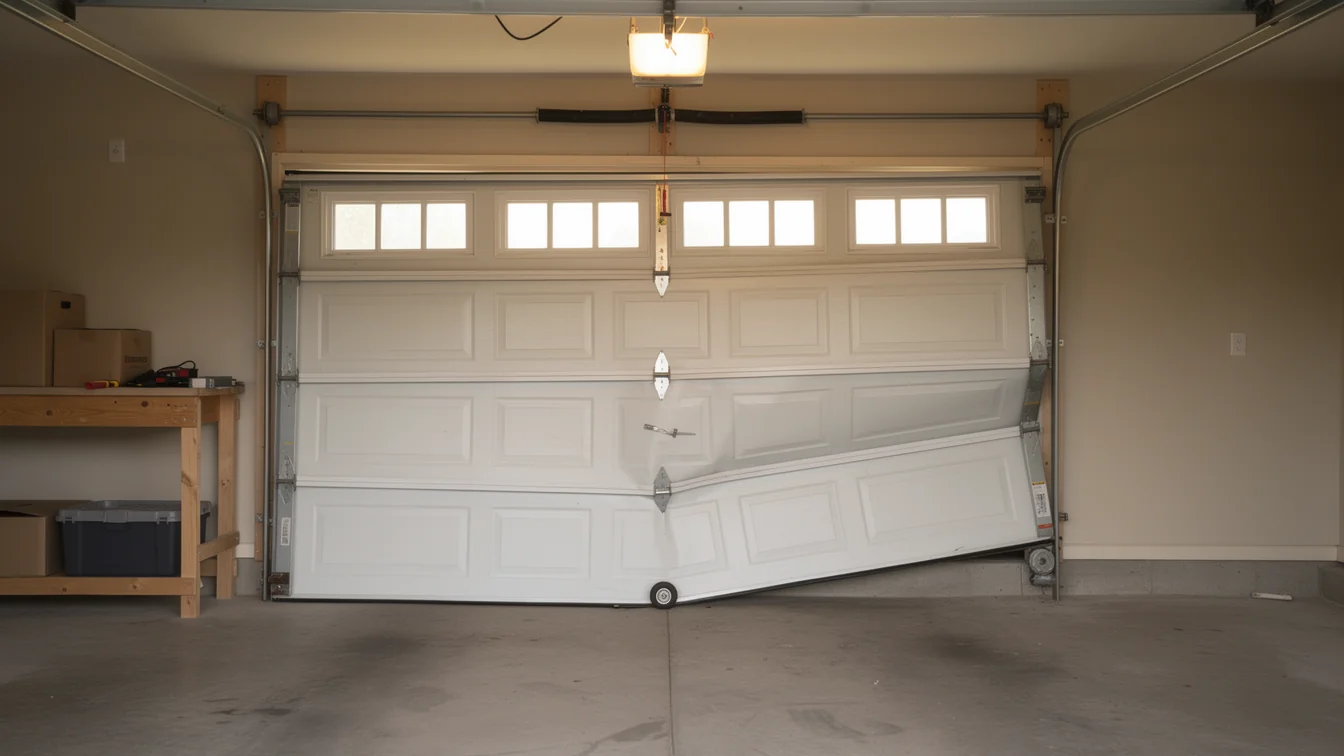 The white garage door is bent and off its tracks inside a garage.