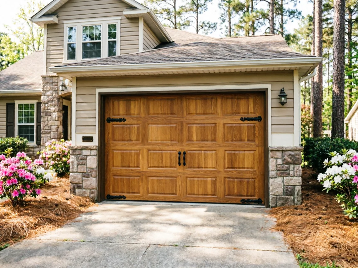 The house has a brown paneled garage door with black decorative hardware.